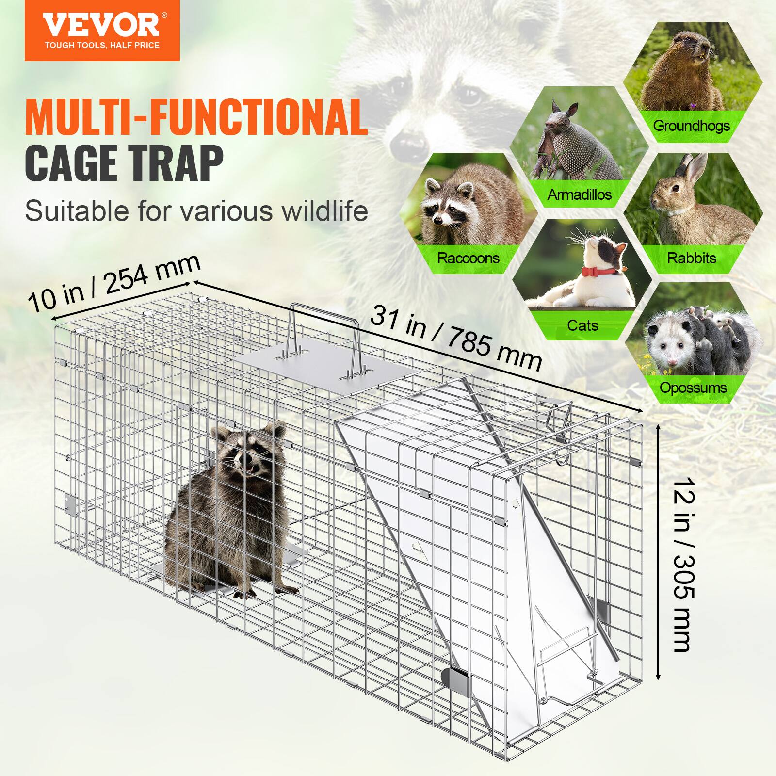 VEVOR TOUGH TOOLS, HALF PRICE MULTI-FUNCTIONAL CAGE TRAP

Suitable for various wildlife:
- Groundhogs
- Armadillos
- Raccoons
- Cats
- Rabbits
- Opossums

Dimensions:
- Height: 12 in / 305 mm
- Width: 31 in / 785 mm
- Depth: 10 in / 254 mm