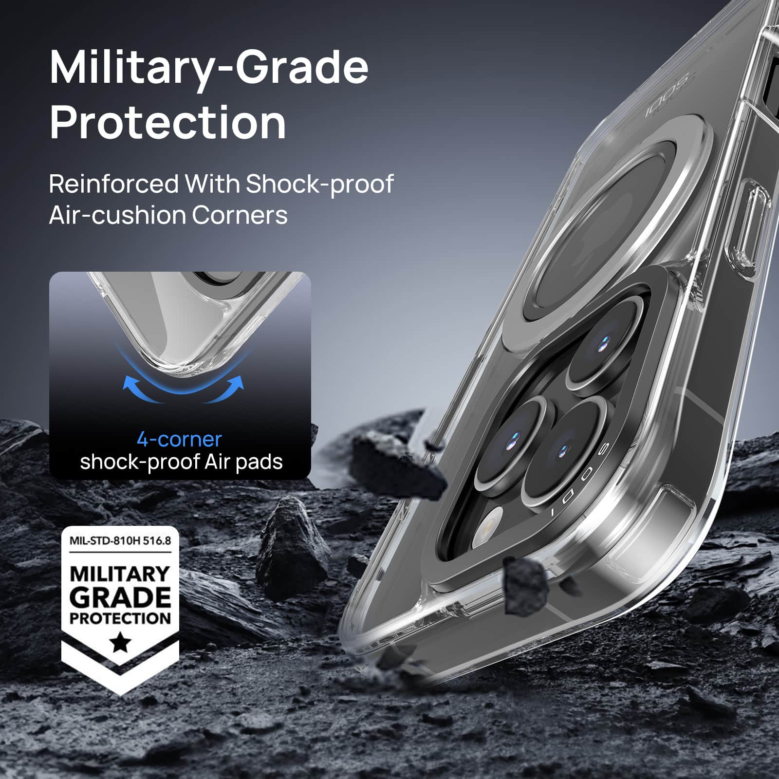 Military-Grade Protection Reinforced with Shock-Proof Air-Cushion Corners 4-Corner Shock-Proof Air Pads MIL-STD-810H 51 H 516.8 Military Grade Protection