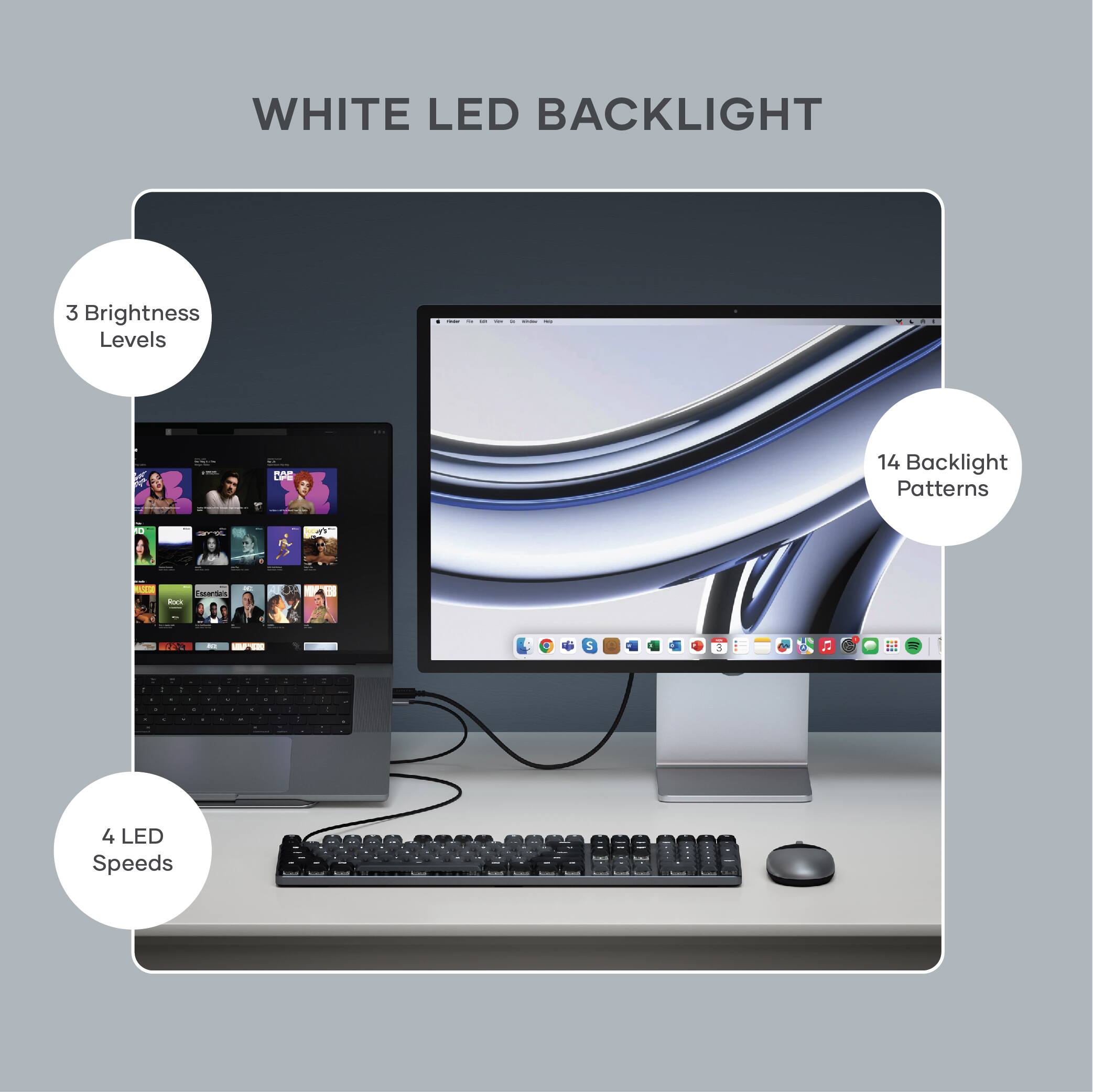 WHITE LED BACKLIGHT

- 3 Brightness Levels
- 14 Backlight Patterns
- 4 LED Speeds