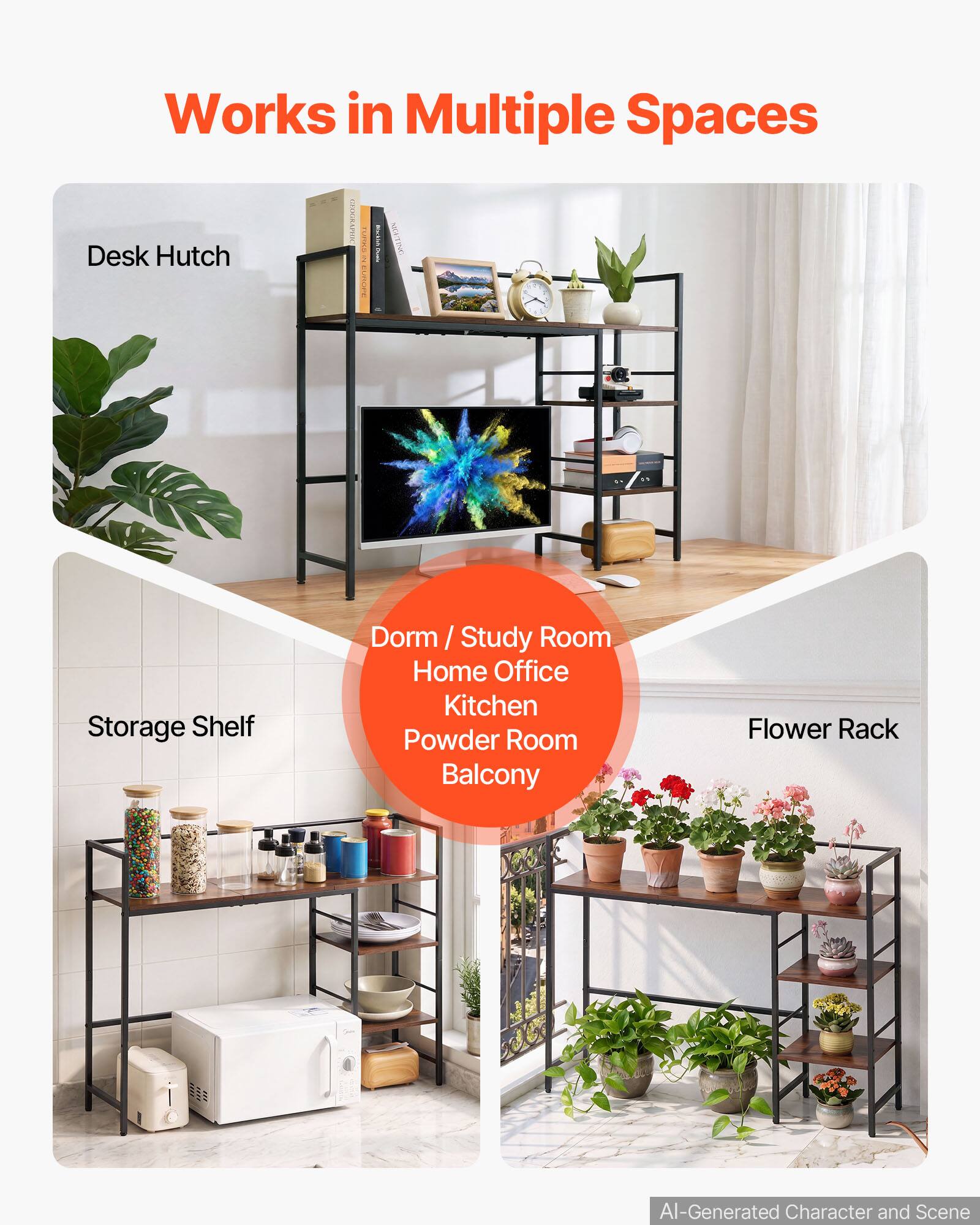 Works in Multiple Spaces

Desk Hutch

Storage Shelf

Dorm / Study Room
Home Office
Kitchen
Powder Room
Balcony

Flower Rack

AI-Generated Character and Scene