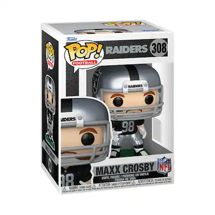Sure, here is the corrected and grouped text from the image:
---
**Funko POP! FOOTBALL**
**RAIDERS 308**
**MAXX CROSBY**
**VINYL FIGURE / FIGURINE EN VINYLE / FIGURA DE VINIL**
**WARNING: CHOKING HAZARD - ATTENTION: DANGER DE SOUFFLEMENT - ADVERTENCIA: PELIGRO DE ASFIXIA**
**Small parts not suitable for children under 3 years. - Pequeñas piezas no son adecuadas para niños menores de 3 años. - Petites pièces pas adaptées pour les enfants de moins de 3 ans.**
**NFL**
---
This text is organized to reflect the information on the packaging accurately.