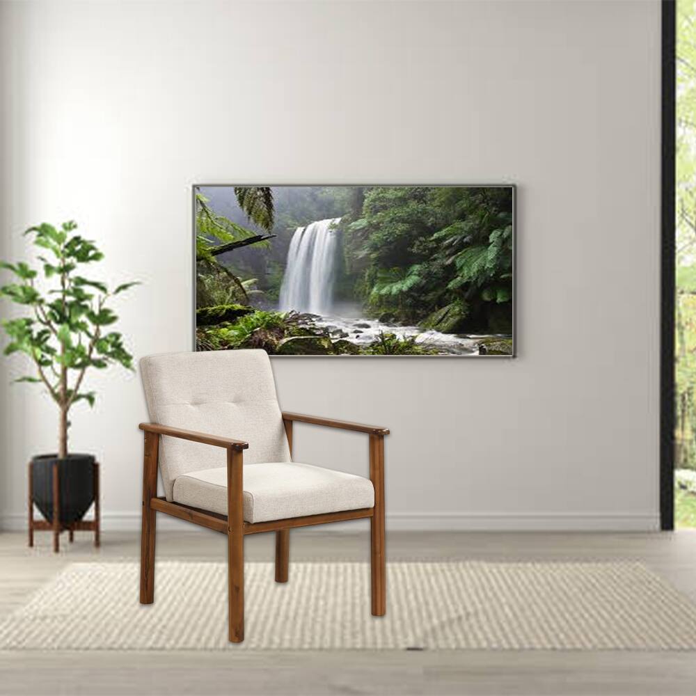 Front. Hivvago - Contemporary Linen Upholstered Armchair with Wooden Legs and Padded Seat - Beige.