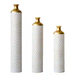 Boyel Living - Set of 3 Tall Metal Floor Vases with Honeycomb Pattern - Gold+White