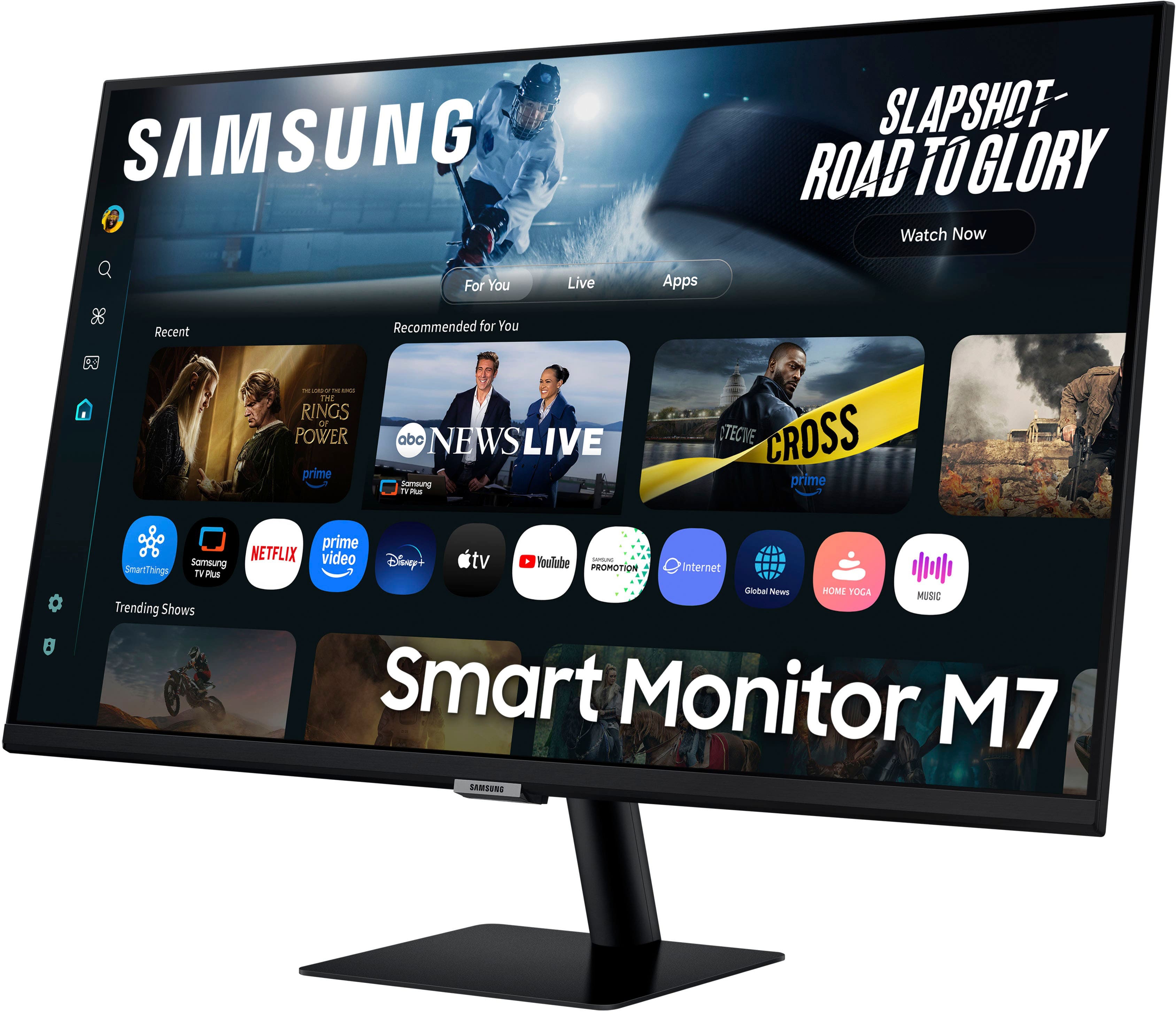 The text on the image reads: "SAMSUNG SLAPSHOT ROAD TO GLORY Watch Now For You Live Apps Recent Recommended for You - - - - TM RINGS oR POWER prime abc NEWSLIVE Sameung - TPM TECIE CROSS prime prime NETFLIX video Disney'+ tv - Samoung Toulube PROMOTION Internet SmartThings TV PLS -hcbal News HOME FOGA MUSIC Trending Shows Smart Monitor M7 SAMSUNG."
Corrected text: "SAMSUNG SLAPSHOT ROAD TO GLORY Watch Now For You Live Apps Recent Recommended for You - - - - TM RINGS oR POWER prime abc NEWSLIVE Sameung - TPM TECIE CROSS prime prime NETFLIX video Disney+ tv - Samoung YouTube PROMOTION Internet SmartThings TV PLS -hcbal News HOME FOGA MUSIC Trending Shows Smart Monitor M7 SAMSUNG."