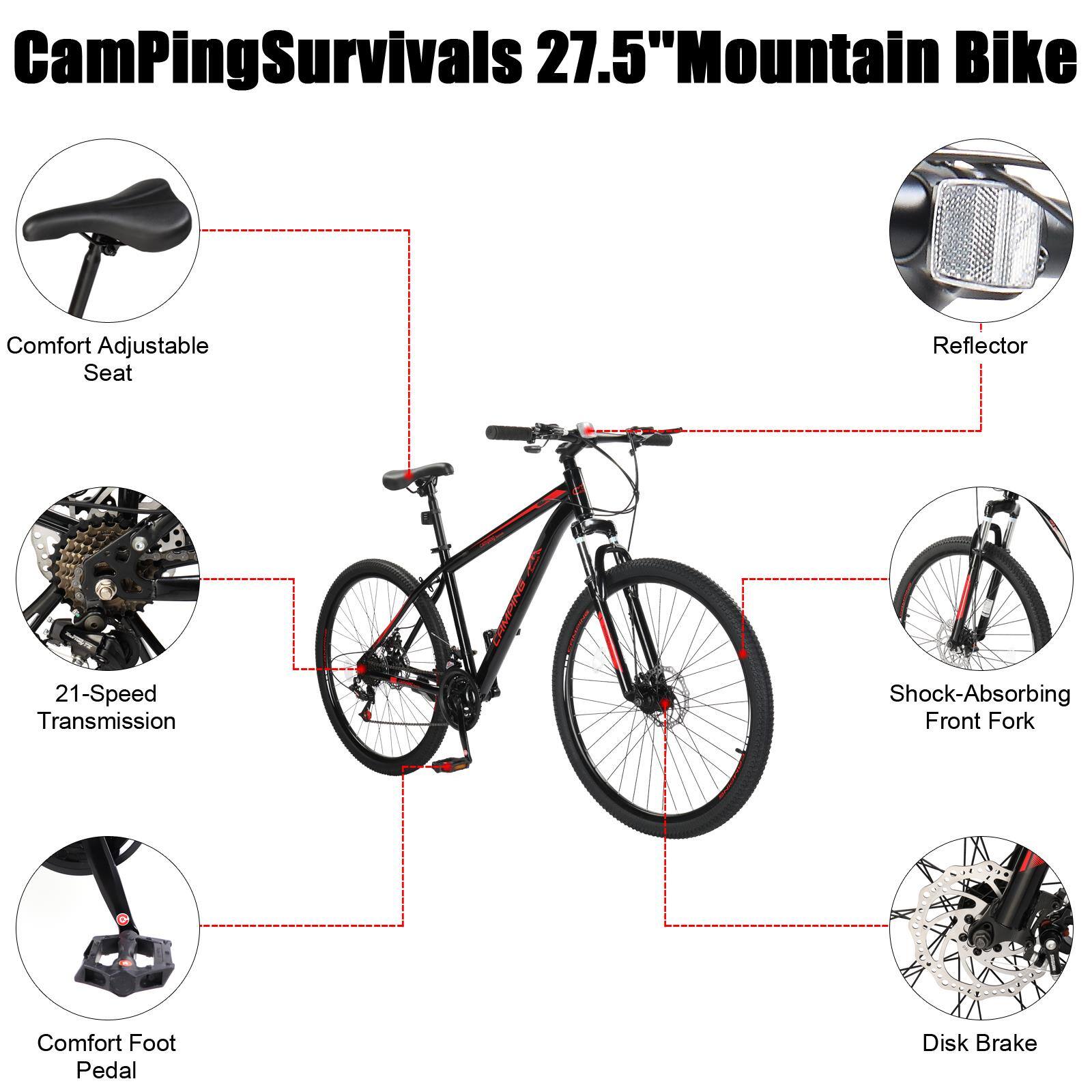 Alt View 4. Winado - 27.5" Mountain Bike 21 Speeds MTB High Carbon Steel Disc Brake Bicycle Men High Carbon Steel Frame Suspension Fork - Black.