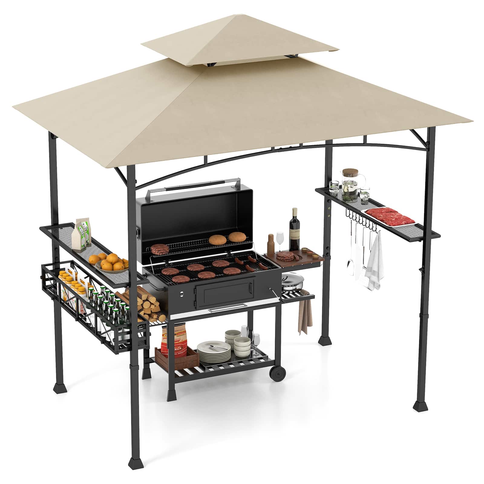 Gymax - 8 x 5 FT BBQ Grill Gazebo w/ 2 Side Shelves Storage Basket Hanging Hooks Outdoor Beige & Black - Beige, Black price history on PriceWatchPro