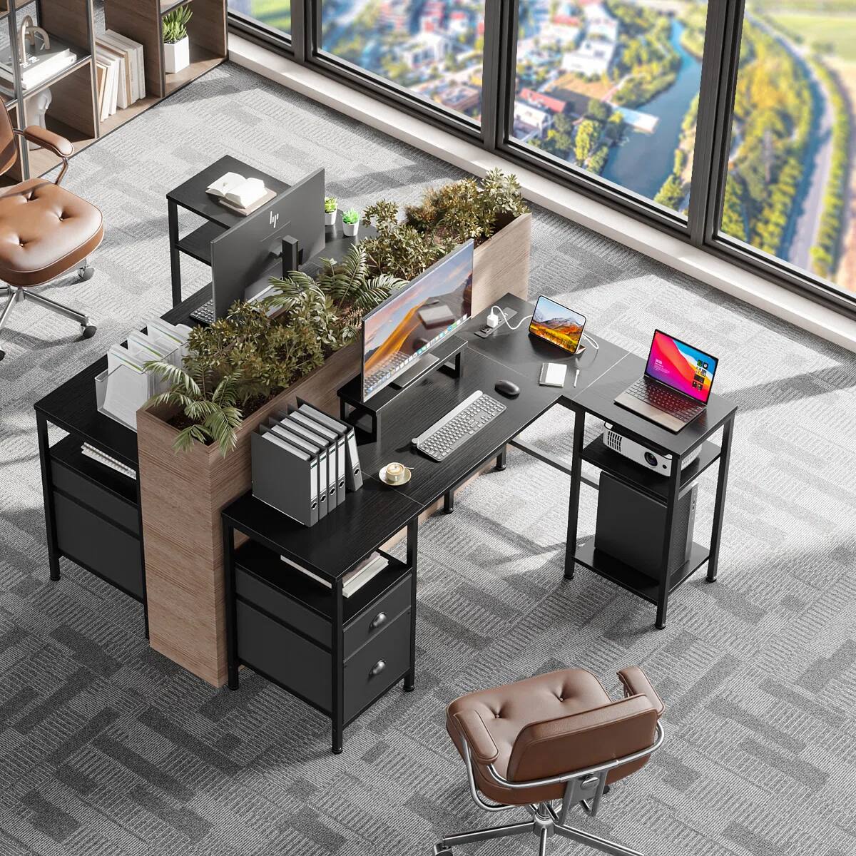 Alt View 2. Furnulem - 50 Inch L Shaped Desk with Power Outlet Reversible Computer Desk with File Drawer and 2 Monitor Stands - Black.