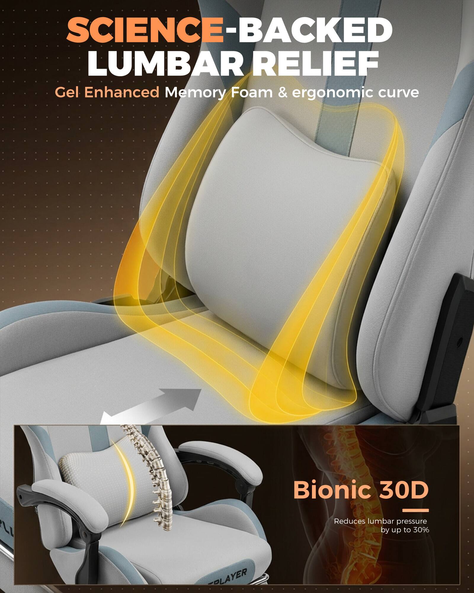 SCIENCE-BACKED LUMBAR RELIEF  
Gel Enhanced Memory Foam & ergonomic curve  
Bionic 30D  
Reduces lumbar pressure by up to 30%