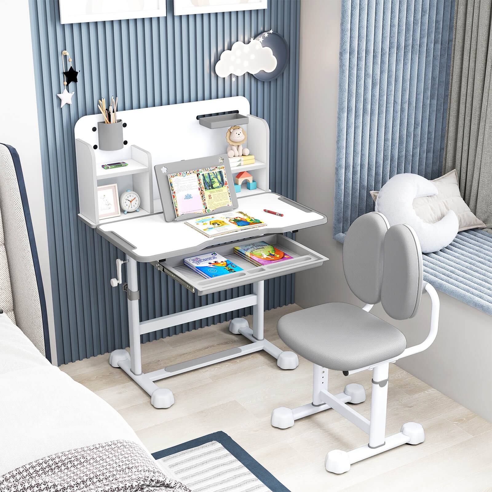 Alt View 1. Costway - Costway Kid's Study Desk & Chair Set with Tilt Desktop, Pen Holder & Tray, Reading Stand - Gray.