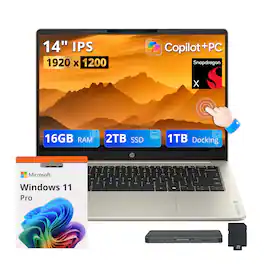 HP - Upgraded - OmniBook 3 14" WUXGA Touch Laptop,Snapdragon X X1-26-100,16GB RAM,2TB SSD+1TB Dock Set,Wi-Fi 6E,Win11 Pro - Warm Gold