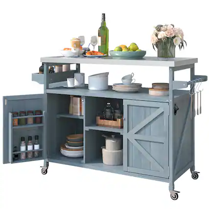 Front. Ecooso - Outdoor Kitchen Cart with Stainless Steel Top, Storage Racks, Modular Shelves, and Lockable Wheels for Patio or BBQ - Grey+Blue.