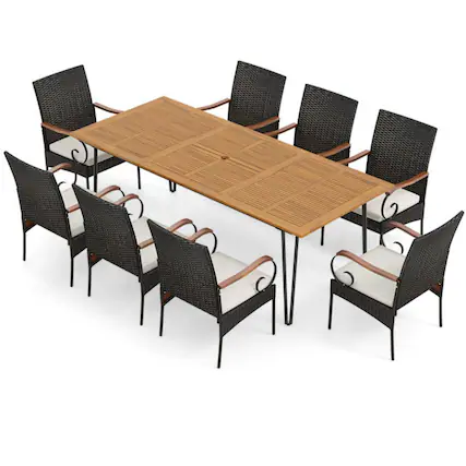 Front. Mondawe - 9 Pieces Outdoor Patio Dining Set with Soft Cushions and Umbrella Hole - Mix Brown.