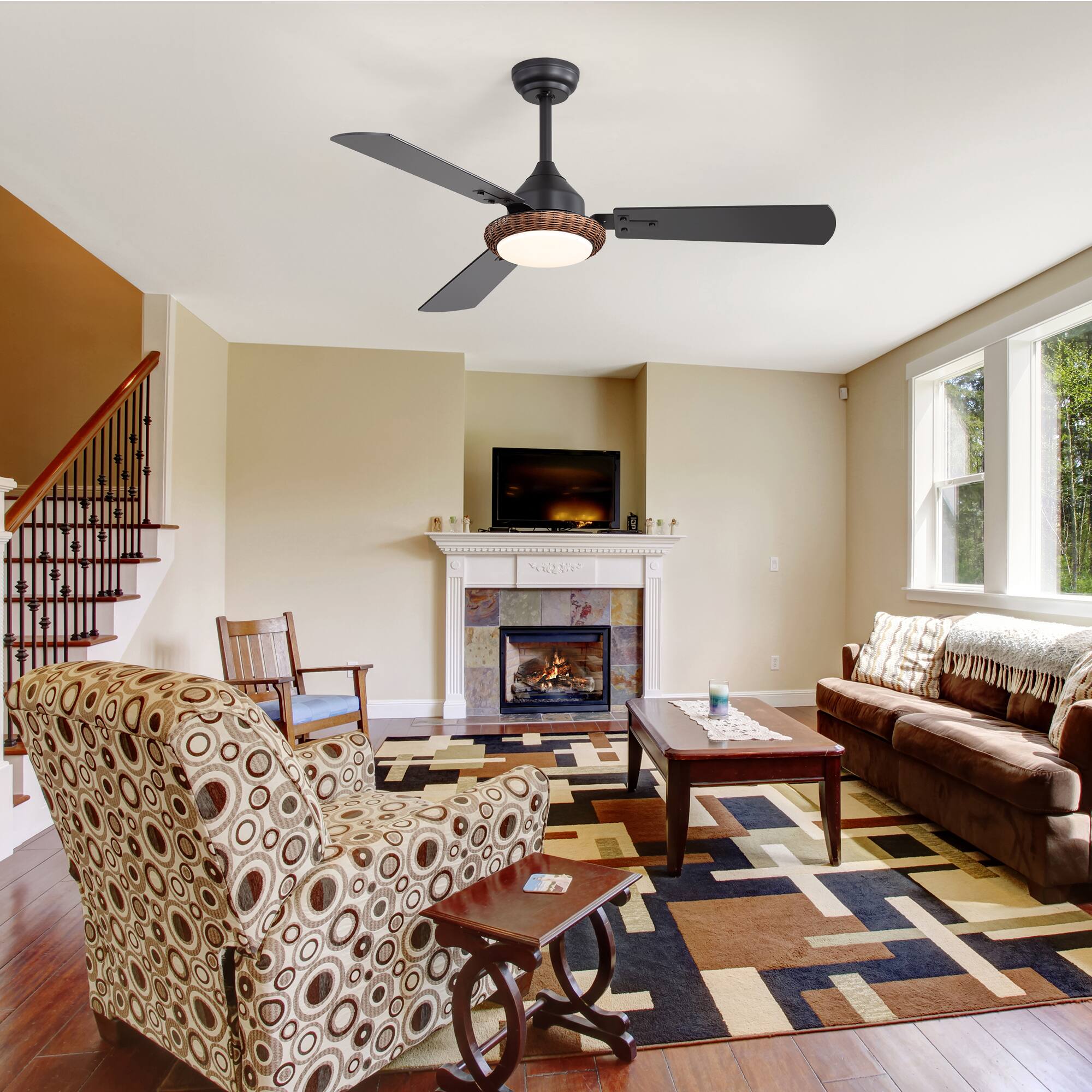 Alt View 9. Breezary - Breezary 48'' Ceiling Fan with 3-Color Light, 3 Dual-Finish Plywood Blades, DC Motor, 6-Speed Remote with Timer & Memory - Matte Black and Dark Wood Grain.