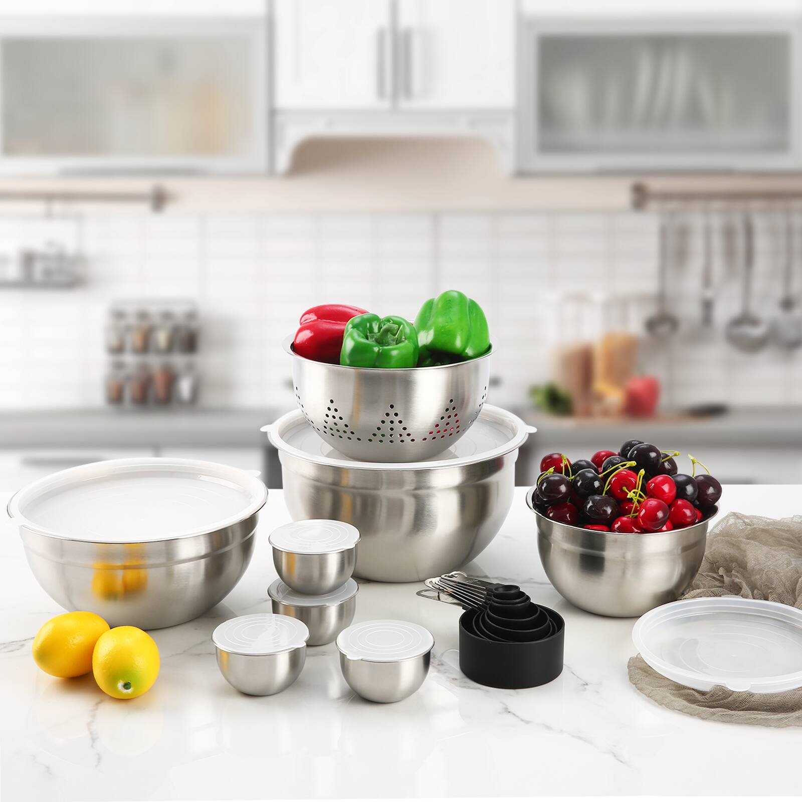 Angle. KOOMADE - KOOMADE 23 Pcs Mixing Bowl Set Baking Stainless Steel Bowls Pasta with Lid Lids Egg Beating - Silver.