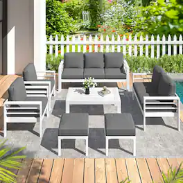 Mondawe - 7-Piece Patio Seating Set with White Frame and Removable Cushions - White+Black