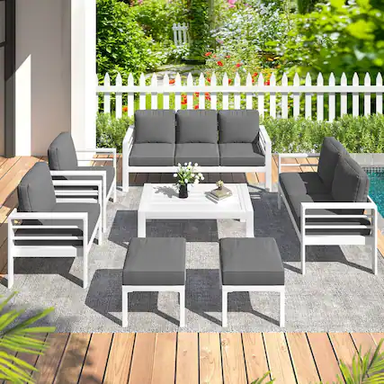 Front. Mondawe - 7-Piece Patio Seating Set with White Frame and Removable Cushions - White+Black.