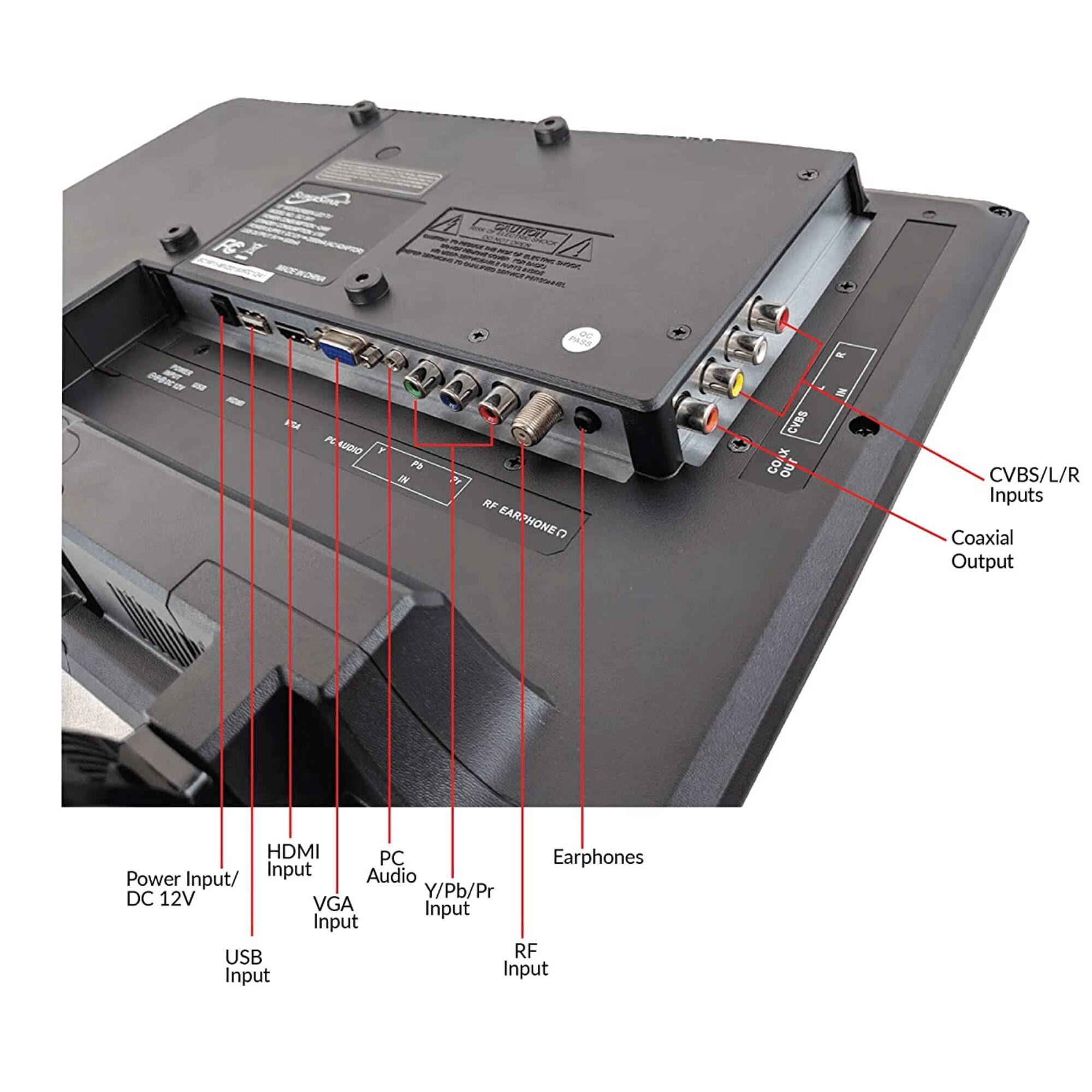 FC CUI - Hsa a AUDNO P NN D dn PANS RF EAR HONED CVBS a 8 n0 CVBS/L/R Inputs Coaxial Output HDMI PC Earphones Power Input Audio Input/ DC 12V Y/Pb/Pr VGA Input Input USB RF Input Input

- Power Input/DC 12V
- HDMI Input
- VGA Input
- PC Audio Input
- Y/Pb/Pr Input
- RF Input
- USB Input
- CVBS/L/R Inputs
- Coaxial Output
- Earphones