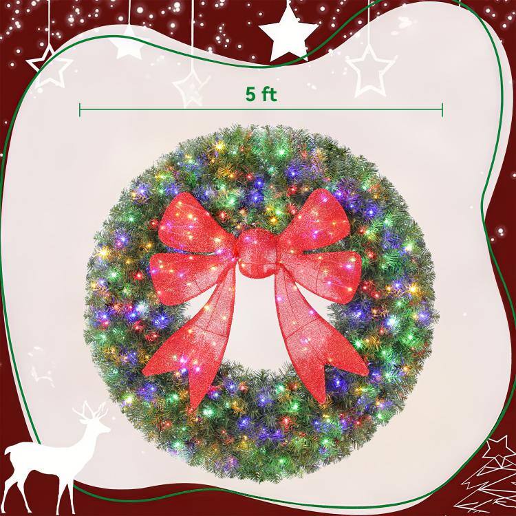 Alt View 3. PULUZ - 60in Pre-Lit Christmas Wreath with 3D Red Bow, 11 Lighting Modes, Front Door Christmas Wreath with Remote - Green.