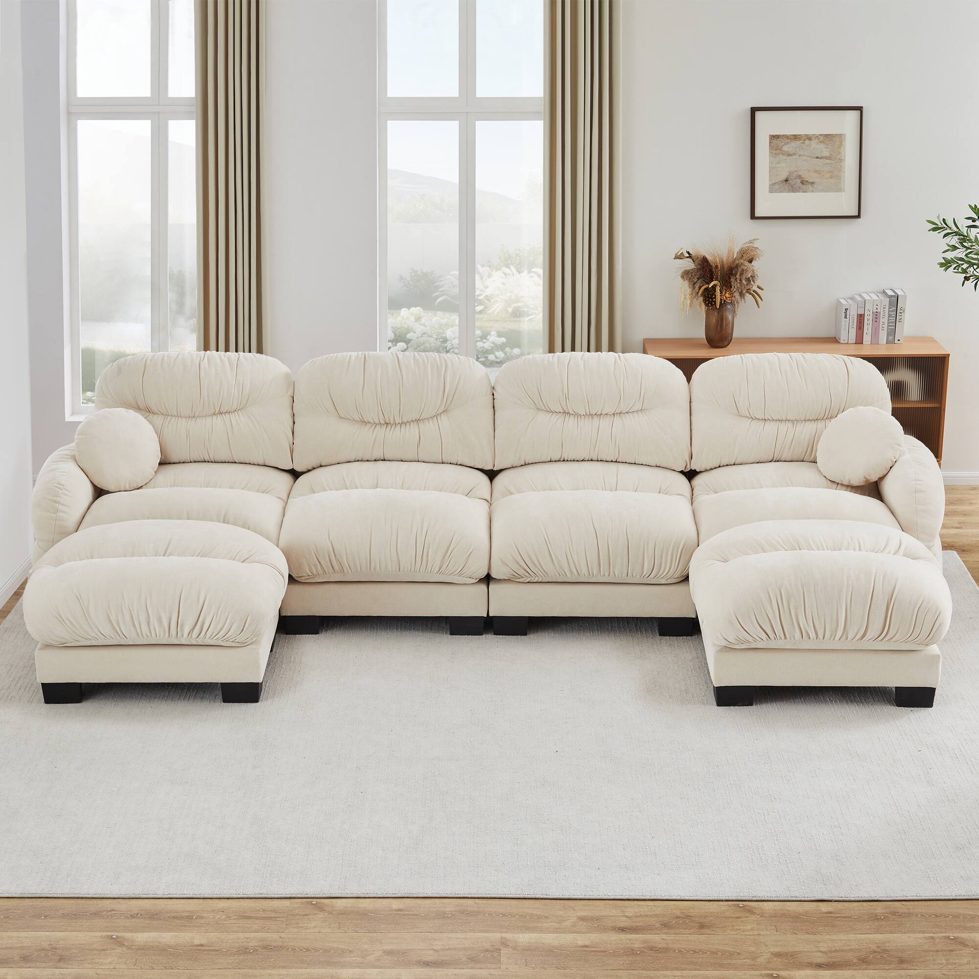Angle. Anysun - 4-Seater U Shape Sectional Couch with 2 Ottomans, Chenille Fabric, High-Density Foam & Curved Armrests for Living Room - Beige.