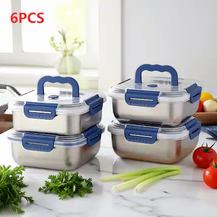 Front. Mirfee - 6-Pc Airtight Stainless Steel Food Containers, Extra-Large Deep Design with Blue Lids, Meal Prep Essentials.