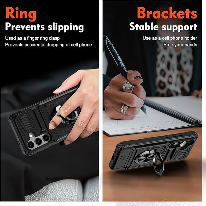 **Ring**  
Prevents slipping  
Used as a finger ring clasp  
Prevents accidental dropping of cell phone  

**Brackets**  
Stable support  
Use as a cell phone holder  
Free your hands