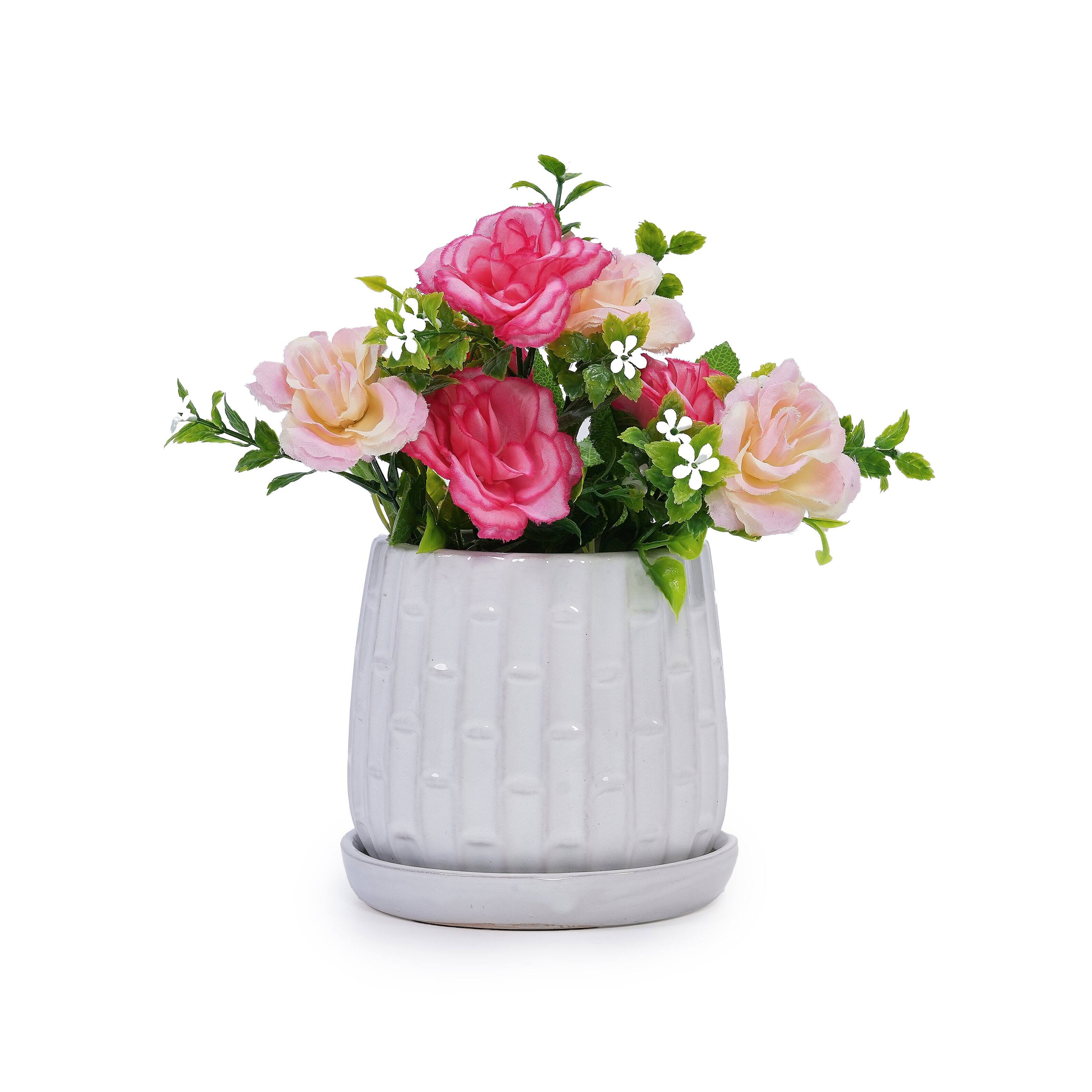 Alt View 5. Loheer - Loheer Orchid Pot Set White Ceramic Planters Set of 2, Handmade Glazed Bamboo Pattern, 6 in 8 in Indoor Outdoor.