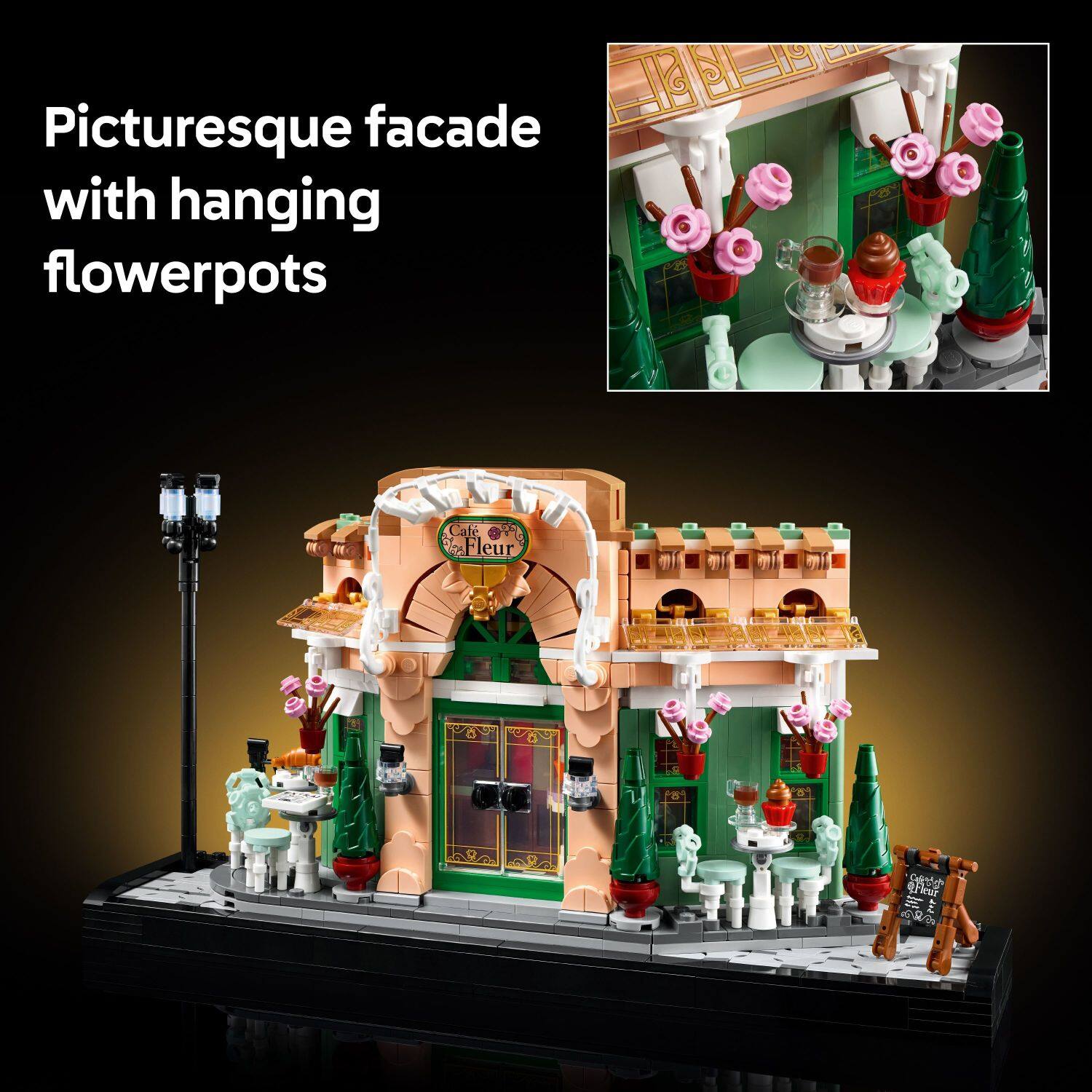 The text on the image reads: "Picturesque facade with hanging flowerpots Café Fleur."
