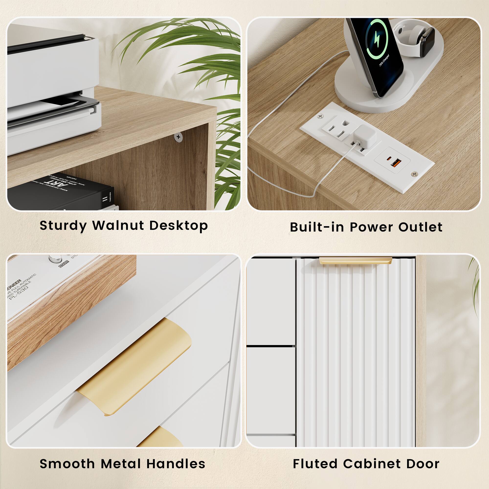 - Sturdy Walnut Desktop
- Built-in Power Outlet
- Smooth Metal Handles
- Fluted Cabinet Door