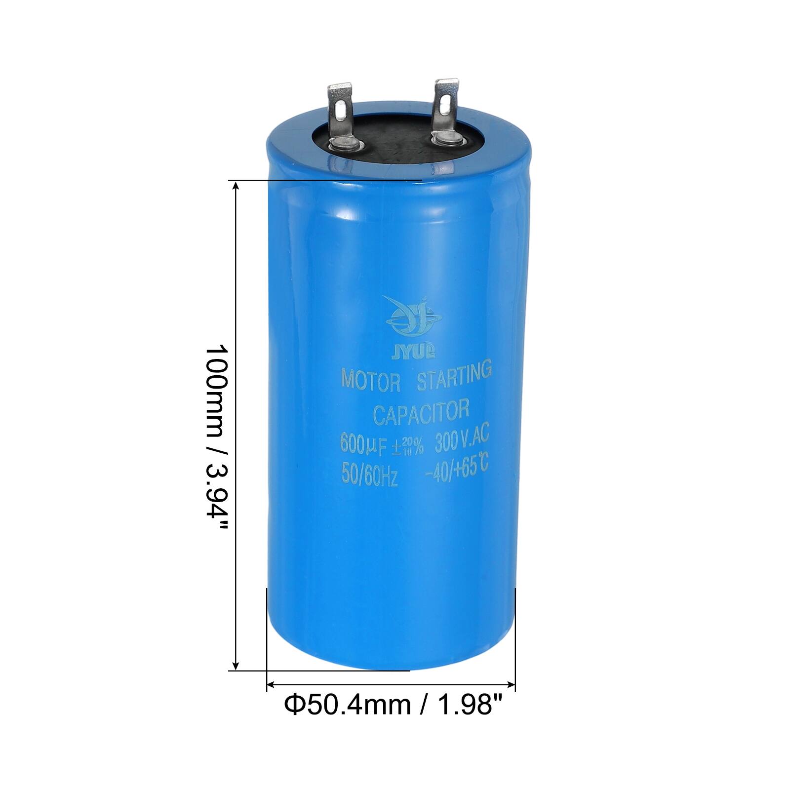 100mm / 3.94" JYUB MOTOR STARTING CAPACITOR 600µF 3% 300V.AC 50/60Hz -40/+65°C 50.4mm / 1.98" / 1.98"