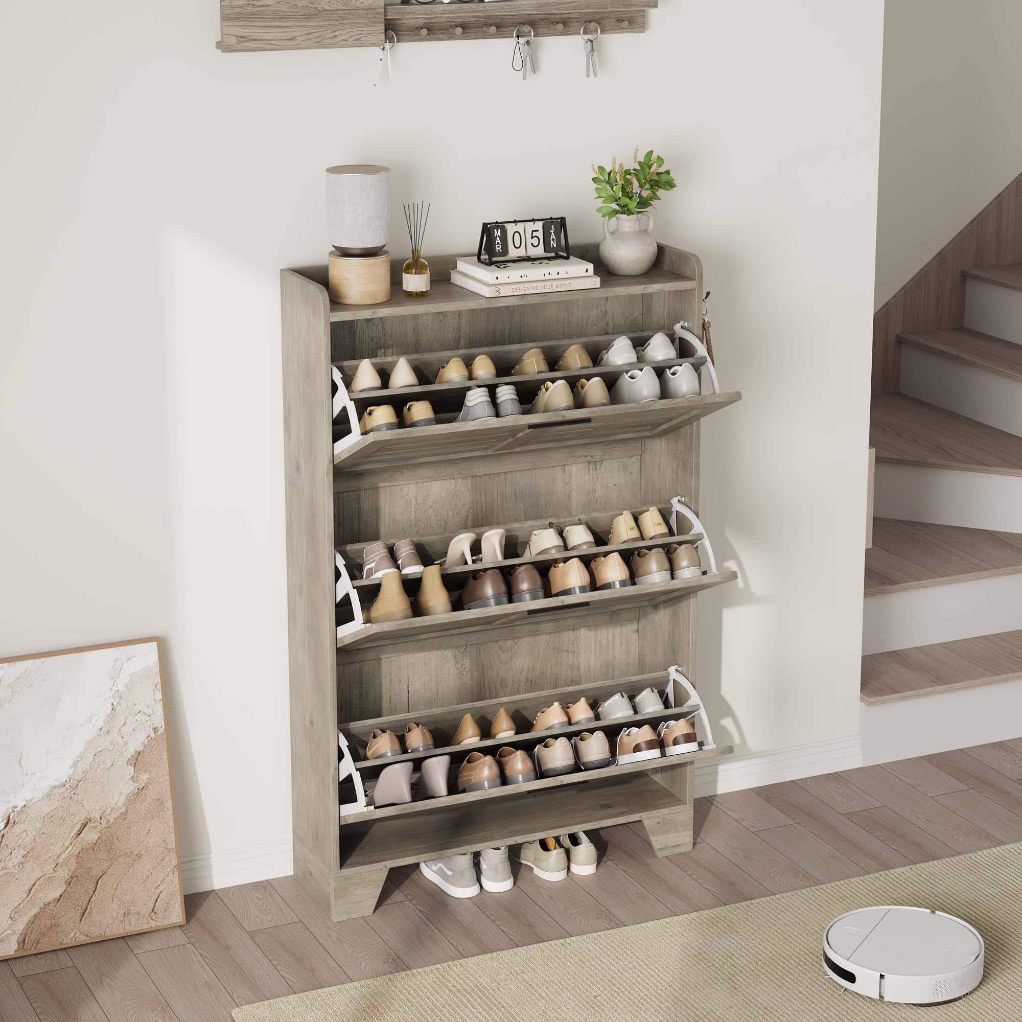 GARVEE - Modern Farmhouse Slim Shoe Cabinet for Entryway Wooden Shoe Storage Organizer with 3 Turn Drawers Narrow Space Saving - Gray