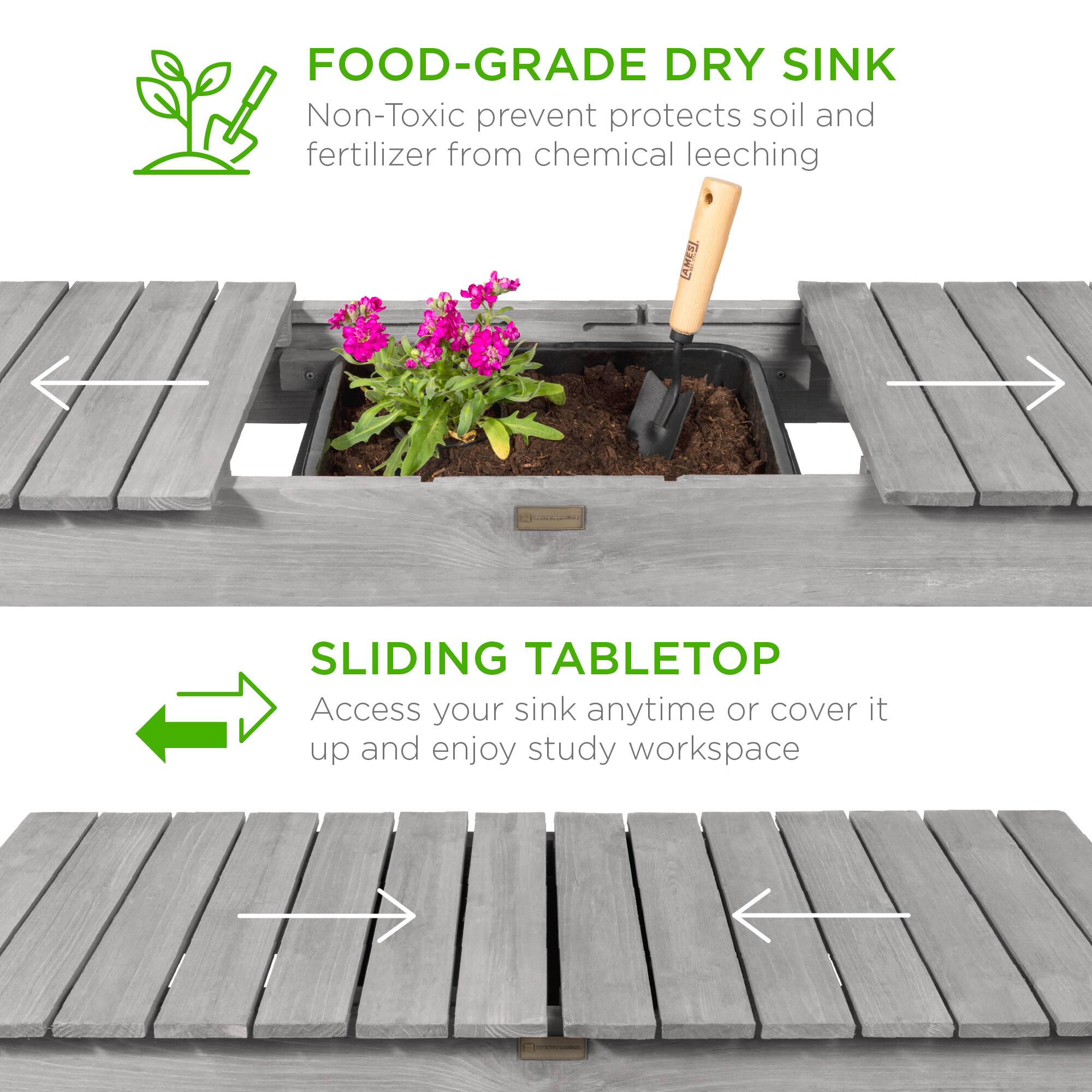 **FOOD-GRADE DRY SINK**  
Non-Toxic prevent protects soil and fertilizer from chemical leeching

**SLIDING TABLETOP**  
Access your sink anytime or cover it up and enjoy study workspace