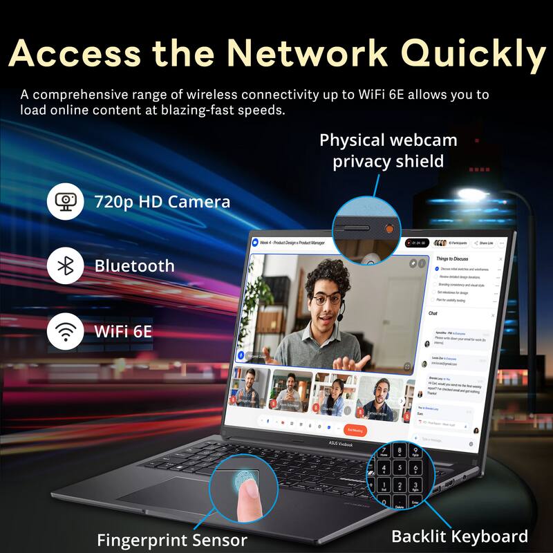 Access the Network Quickly

A comprehensive range of wireless connectivity up to WiFi 6E allows you to load online content at blazing-fast speeds.

- 720p HD Camera
- Bluetooth
- WiFi 6E
- Physical webcam privacy shield
- Fingerprint Sensor
- Backlit Keyboard