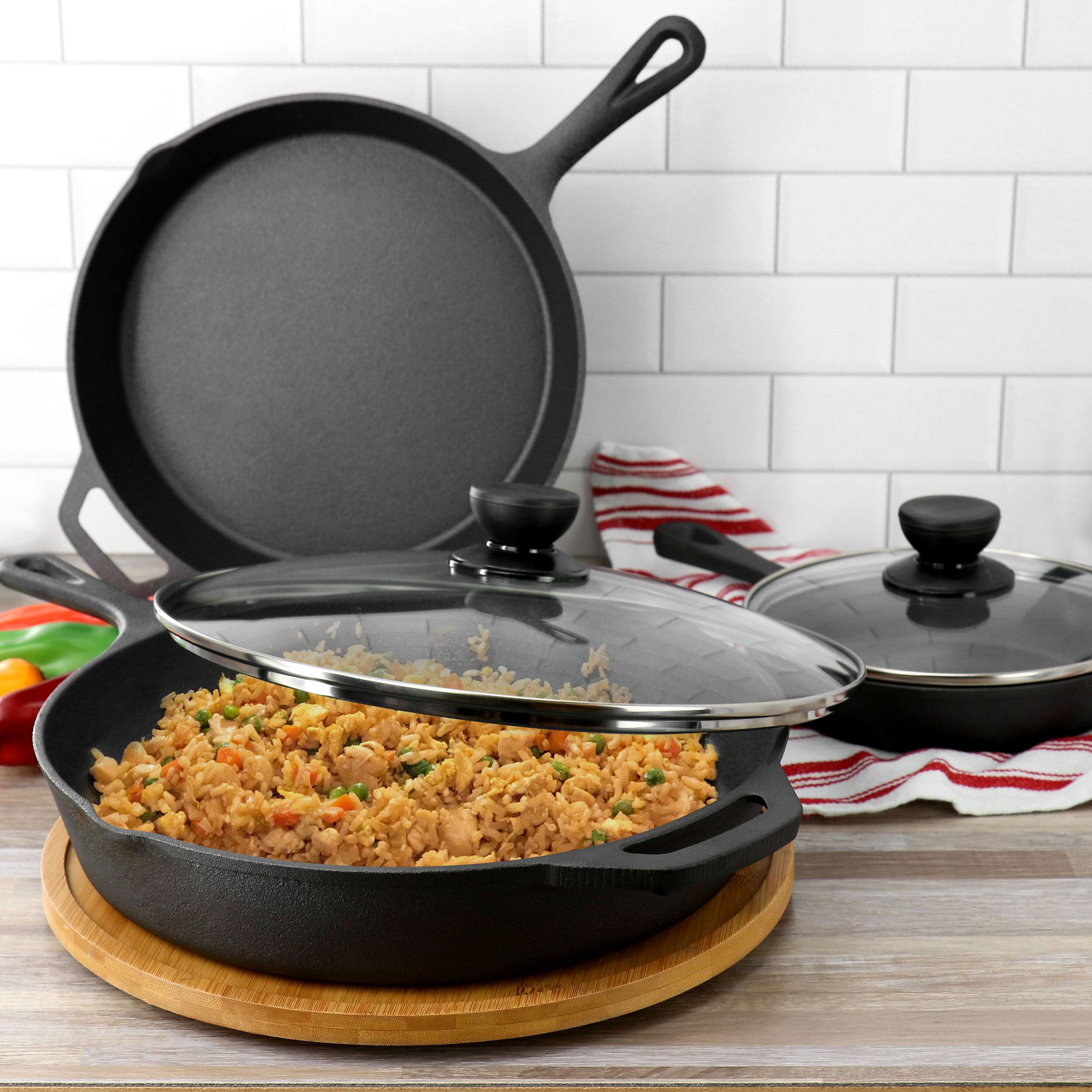 Alt View 7. MegaChef - MegaChef 13 Piece Cast Iron Skillet Set with Tempered Glass Lids and Silicone Holders - Black and Red.