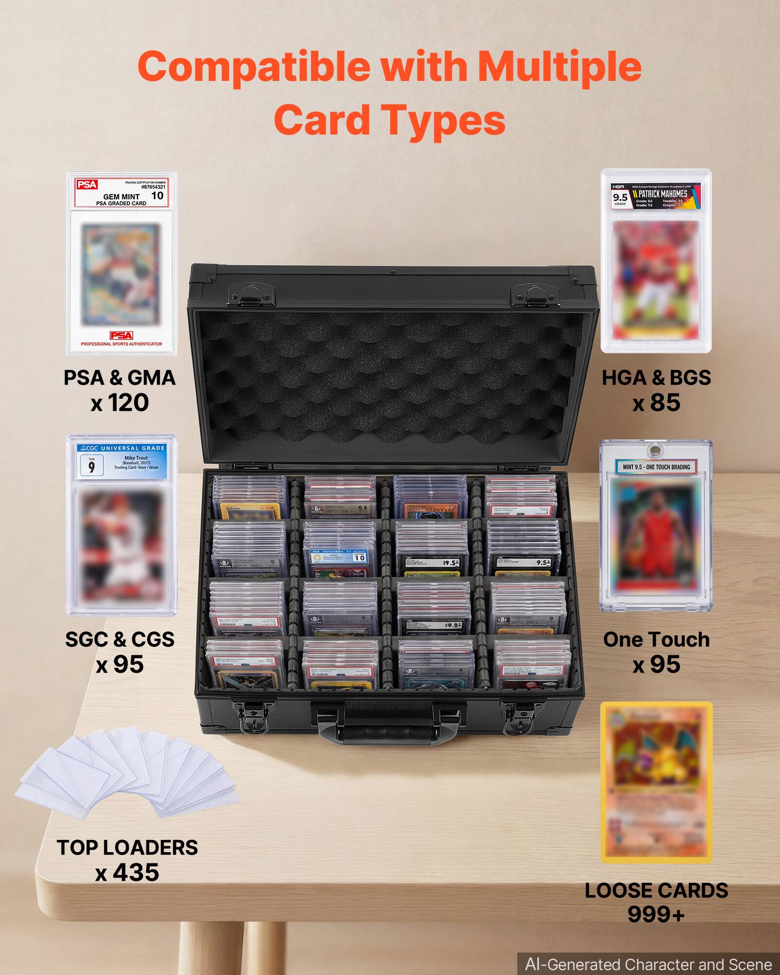 Compatible with Multiple Card Types

PSA & GMA x 120

HGA & BGS x 85

SGC & CGS x 95

One Touch x 95

TOP LOADERS x 435

LOOSE CARDS 999+

AI-Generated Character and Scene