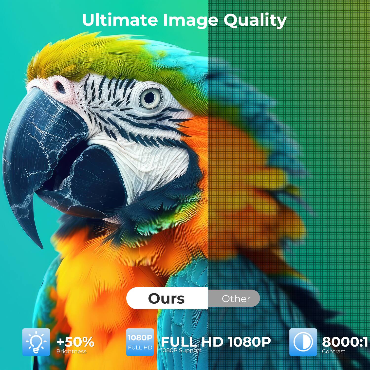 Ultimate Image Quality

Ours
+50% Brightness
1080P FULL HD
1080P Support

Other
8000:1 Contrast