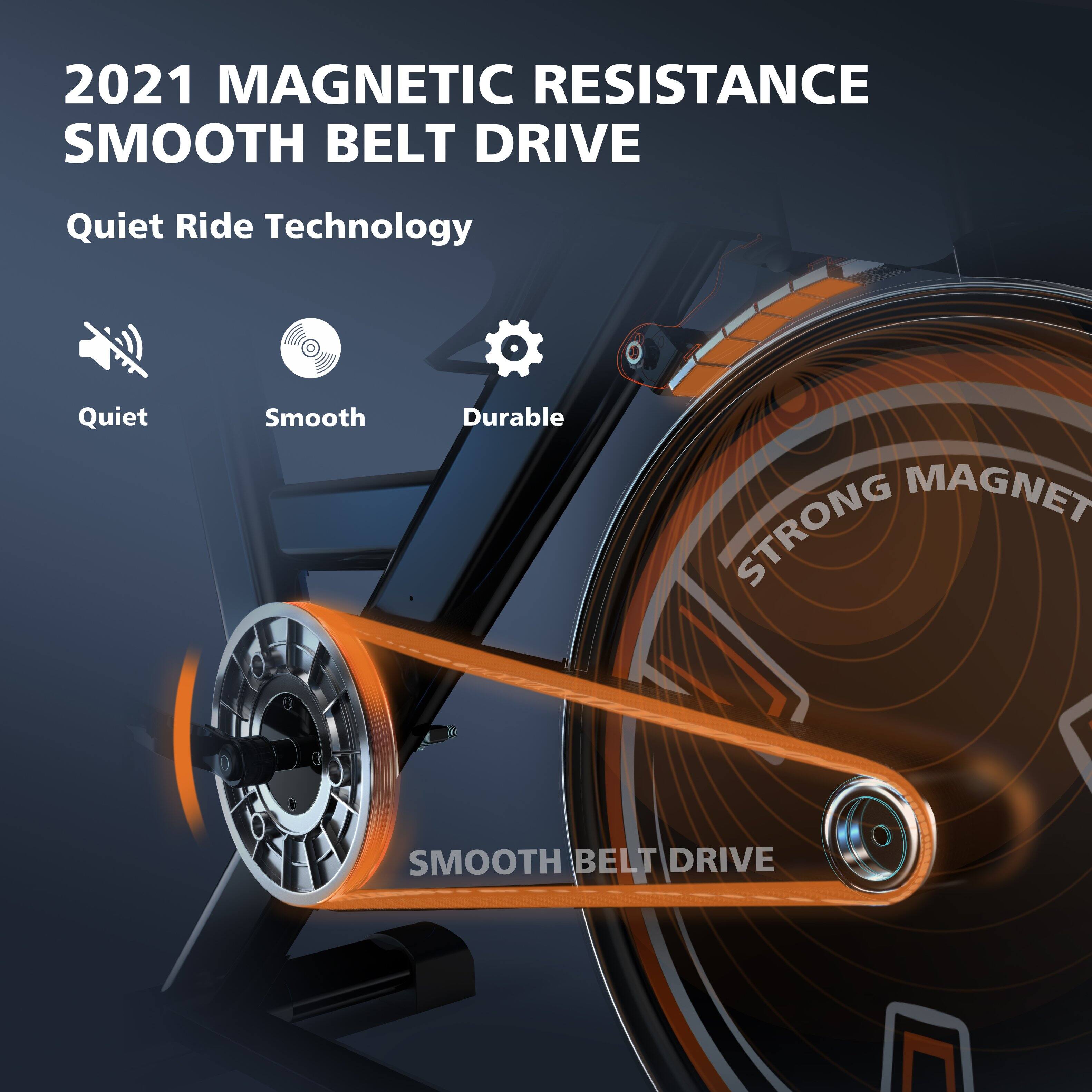 2021 Magnetic Resistance Smooth Belt Drive  
Quiet Ride Technology  
Quiet  
Smooth  
Durable  
Strong Magnet  
Smooth Belt Drive