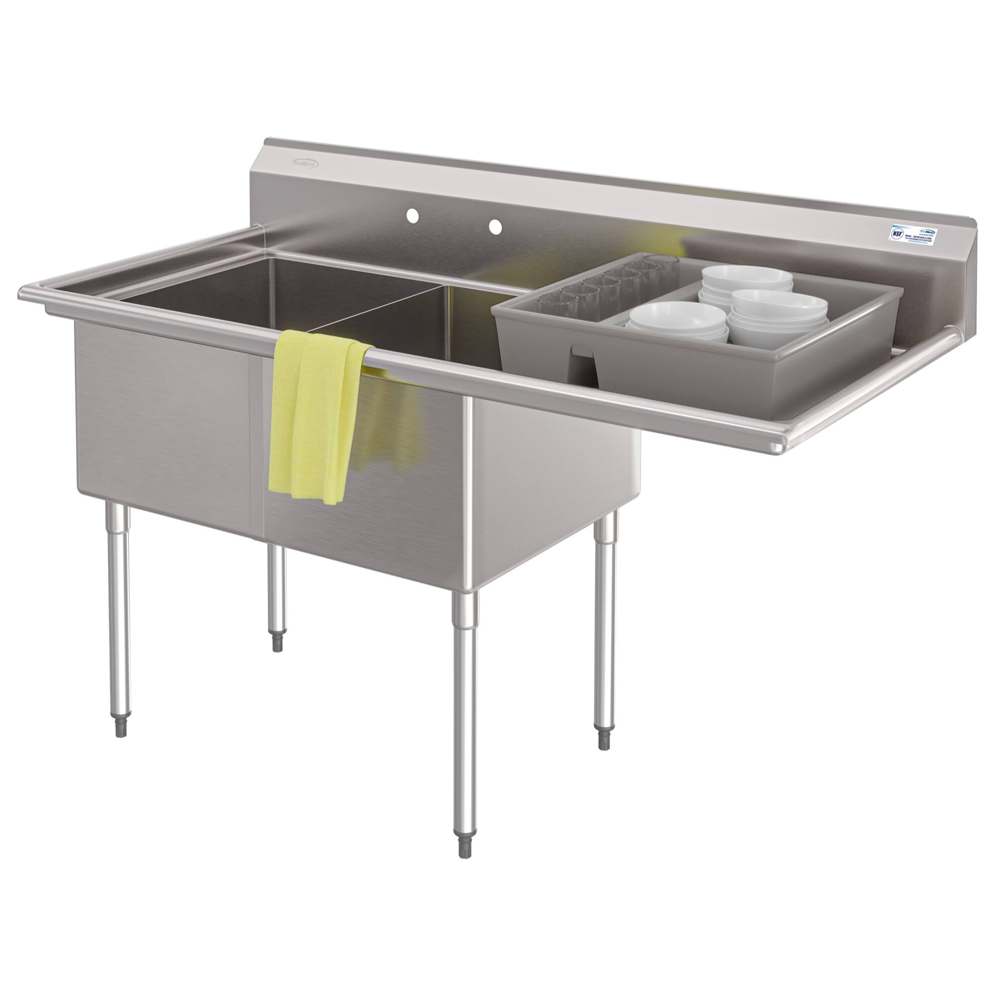 Angle. Koolmore - 63 in. 18-Gauge 2-Compartment  Sink with Backsplash and 24 in. Right Drainboard, Bowl dimensions 18"x24"x14" - Stainless Steel.