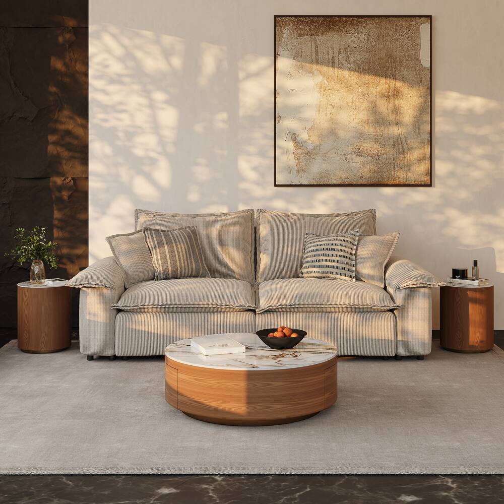 Alt View 10. POVISON - 39" Fully Assembled Wood Modern Round Drum Sintered Stone Coffee Table with 2 Drawers, Walnut & White - Walnut & White.