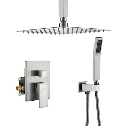 Front. Boyel Living - 1-Spray Patterns with 2.5 GPM 10 in. Ceiling Mount Dual Shower Heads with Pressure Balance Valve in Brushed Nickel - Brushed Nickel.