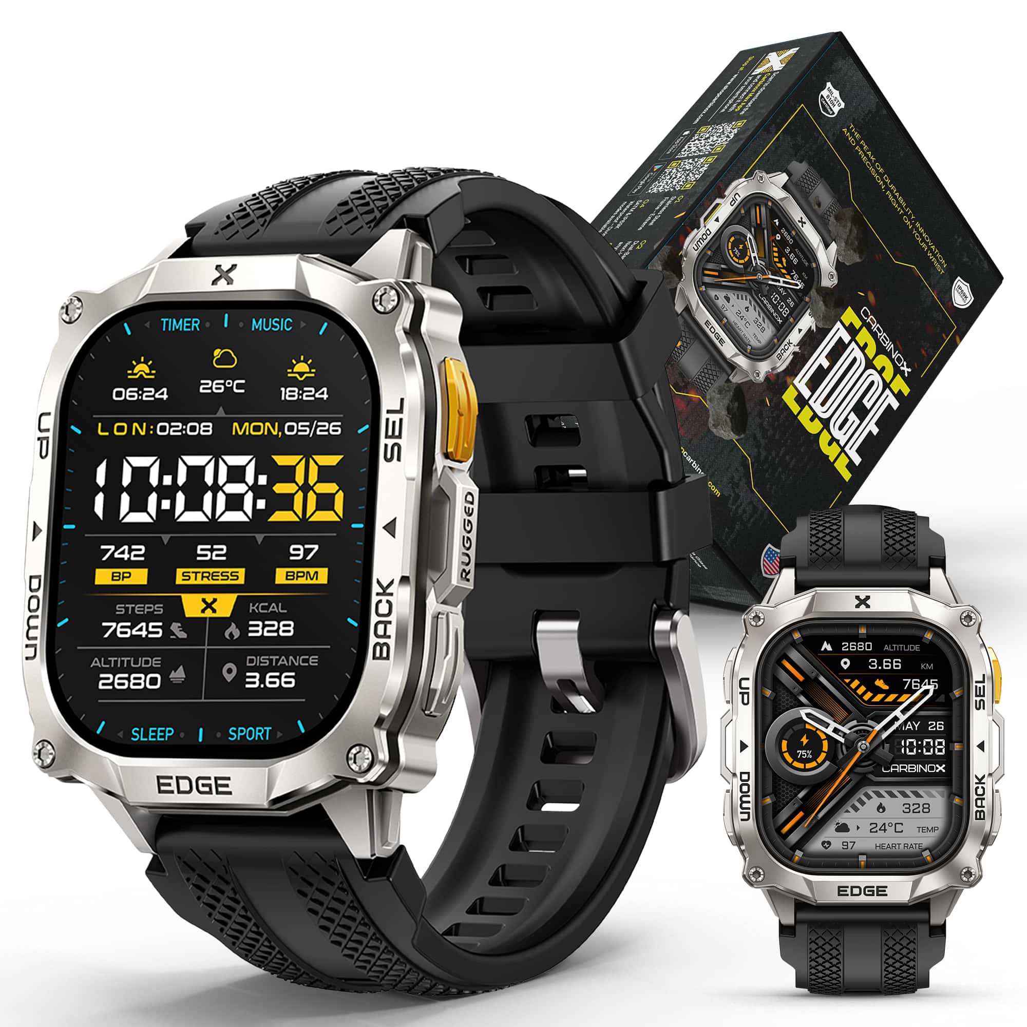 Carbinox - Edge Smart Watch Rugged, 1.96″ AMOLED, Stainless Steel, IP69K/5ATM Fitness trackers, GPS, 500mAh - Silver - (2025)