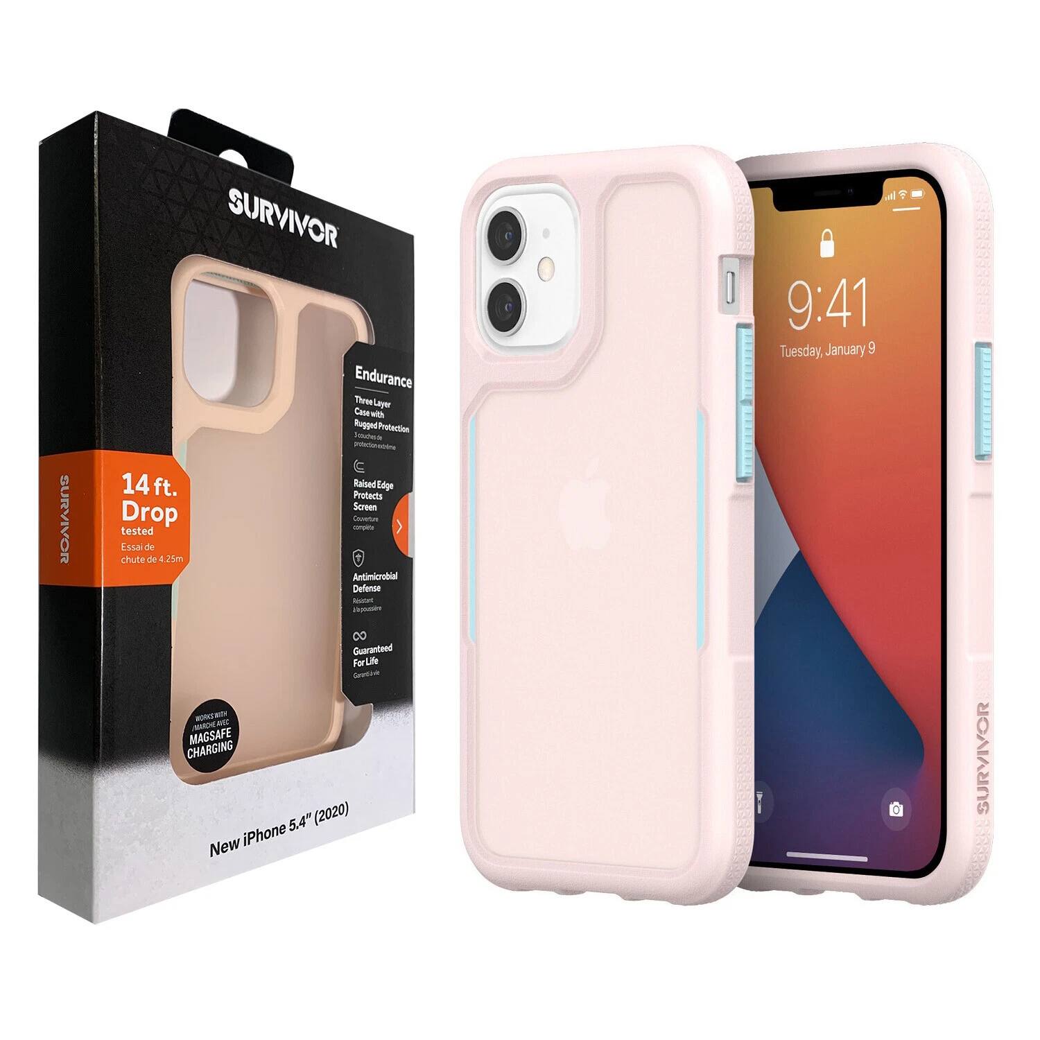 SURVIVOR  
Endurance  
Three Layer Case with Rugged Protection  
14 ft. Drop Tested  
Raised Edge Protects Screen  
Antimicrobial Defense  
MAGSAFE CHARGING  
New iPhone 5.4" (2020)