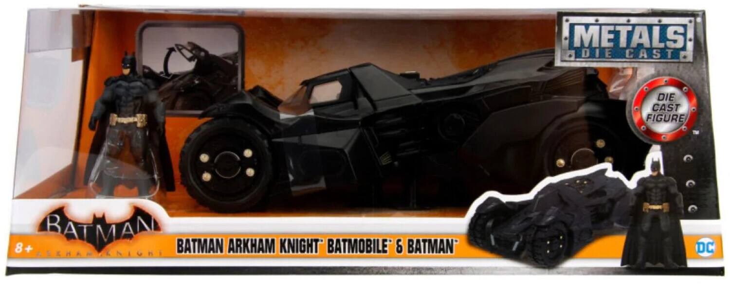 The corrected text is: "METALS DIE CAST DIE CAST FIGURE BATMAN BATMAN ARKHAM KNIGHT BATMOBILE & BATMAN 8+ DC"