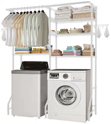 Front. VEVOR - Over Washer and Dryer Storage Shelves,6 Tiers Laundry Room Drying Rack,Hanger Rod and Hooks,Two Rows Adjustable Shelves - White.