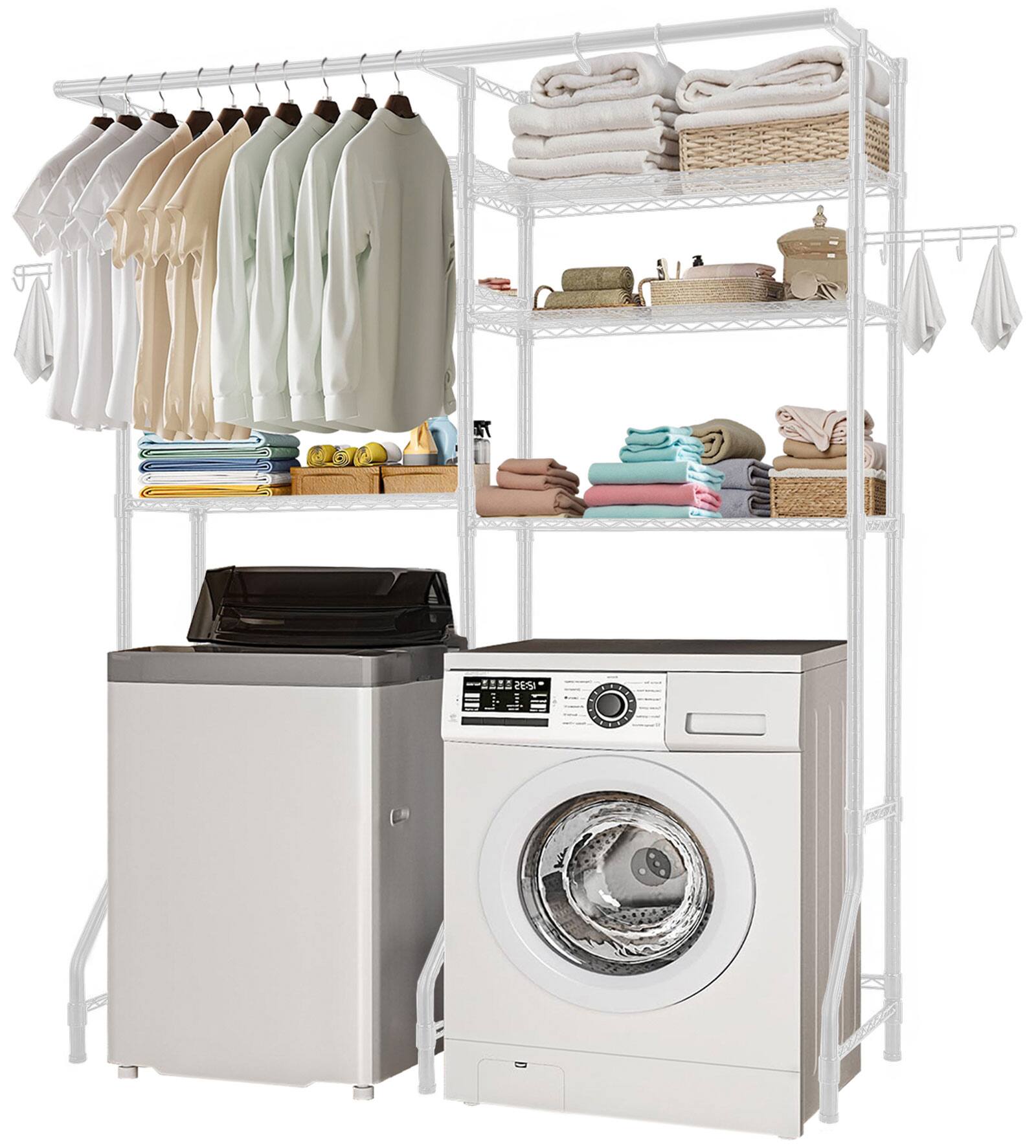 Front. VEVOR - Over Washer and Dryer Storage Shelves,6 Tiers Laundry Room Drying Rack,Hanger Rod and Hooks,Two Rows Adjustable Shelves - White.