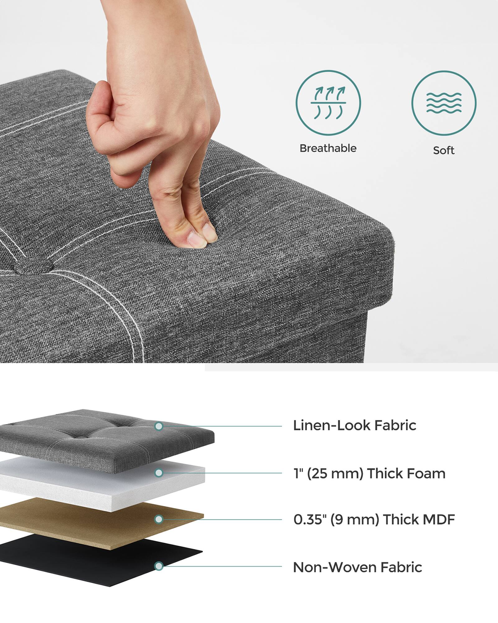 Breathable Soft Linen-Look Fabric  
1" (25 mm) Thick Foam  
0.35" (9 mm) Thick MDF  
Non-Woven Fabric