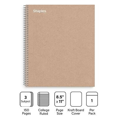 Staples  
3 Subject  
8.5" x 11"  
150 Pages  
College Ruled  
Page Size  
Kraft Board Cover  
Per Pack
