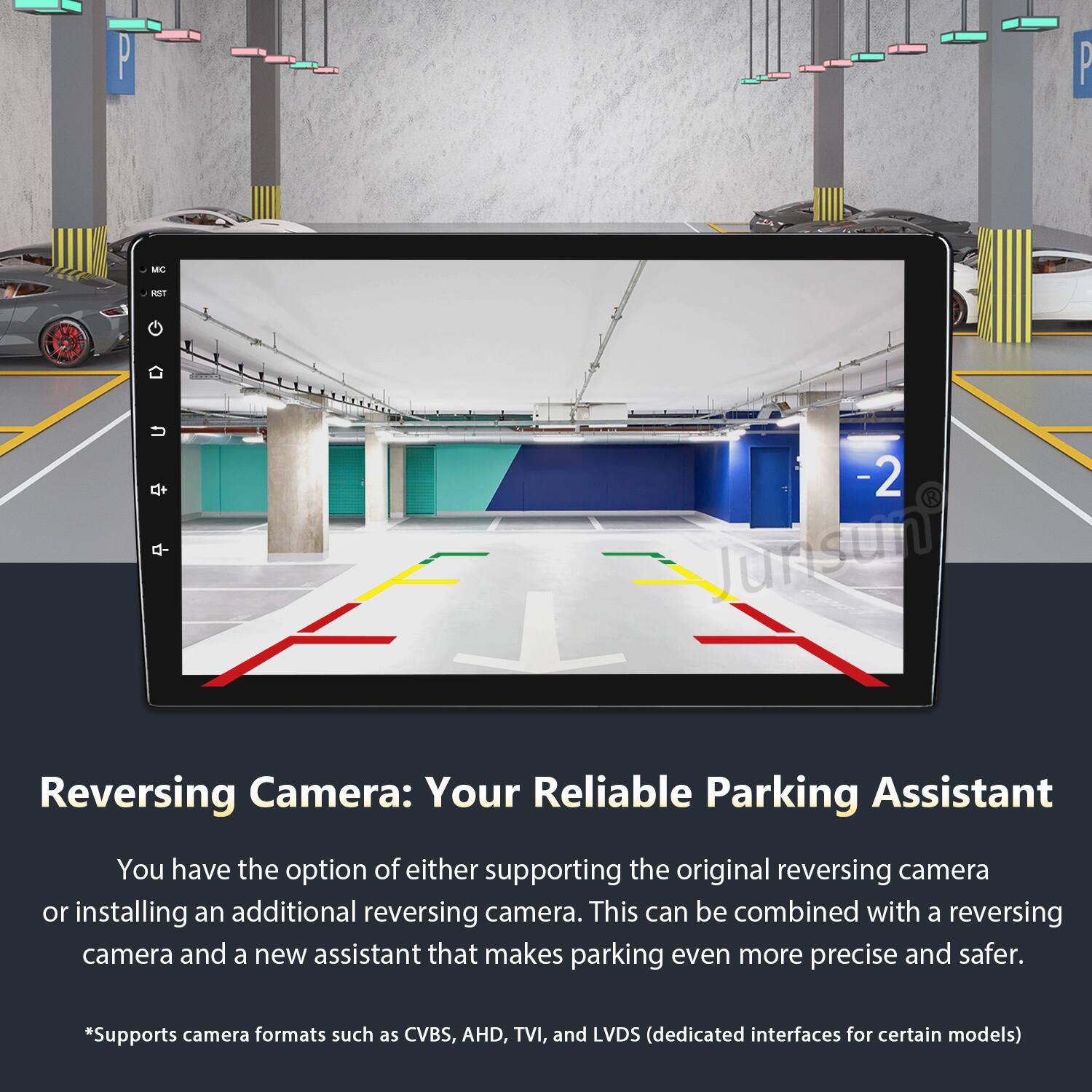 Reversing Camera: Your Reliable Parking Assistant

You have the option of either supporting the original reversing camera or installing an additional reversing camera. This can be combined with a reversing camera and a new assistant that makes parking even more precise and safer.

*Supports camera formats such as CVBS, AHD, TVI, and LVDS (dedicated interfaces for certain models)