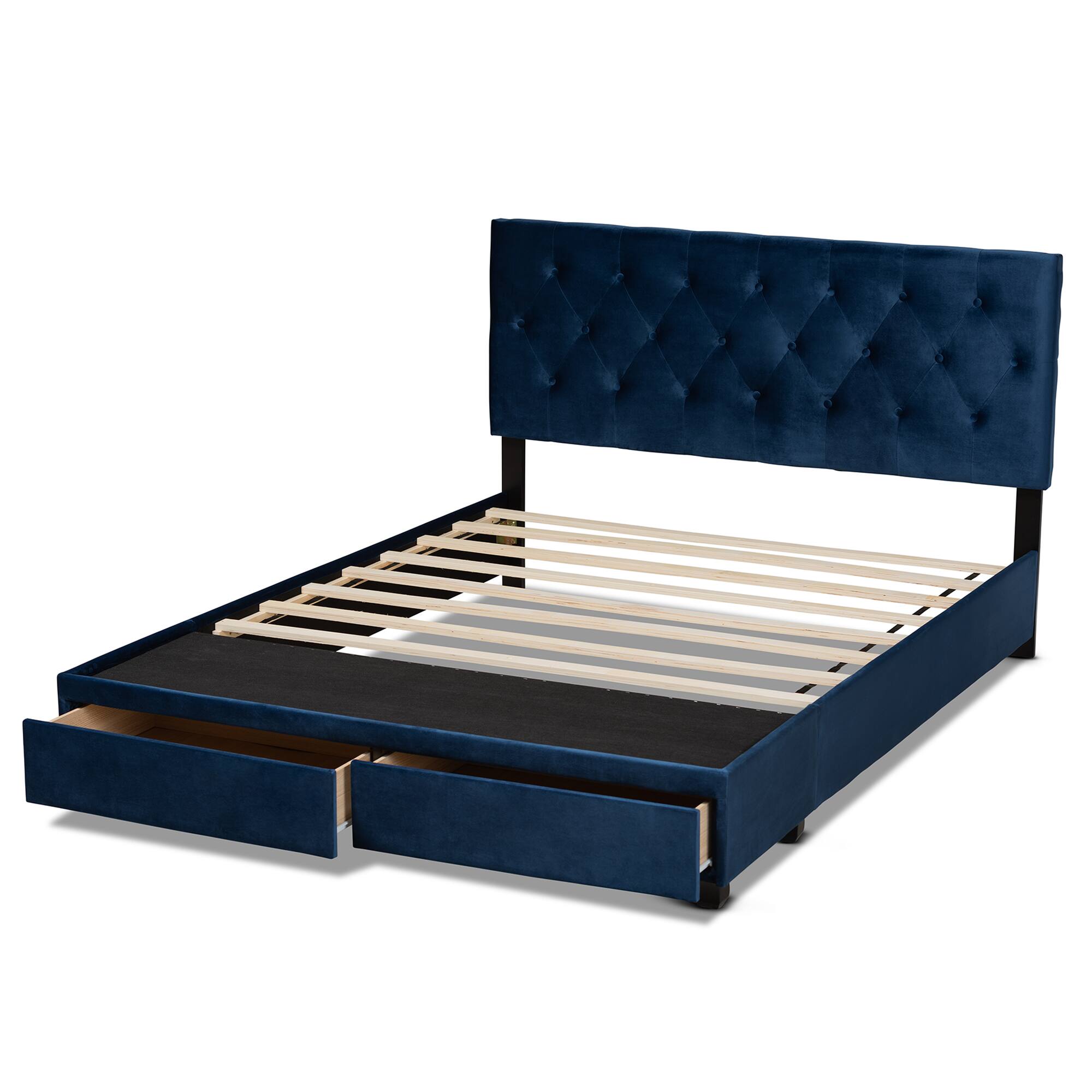 Alt View 1. Baxton Studio - Caronia Modern and Contemporary Velvet Fabric Upholstered 2-Drawer Queen Size Platform Storage Bed - Navy Blue/Black.