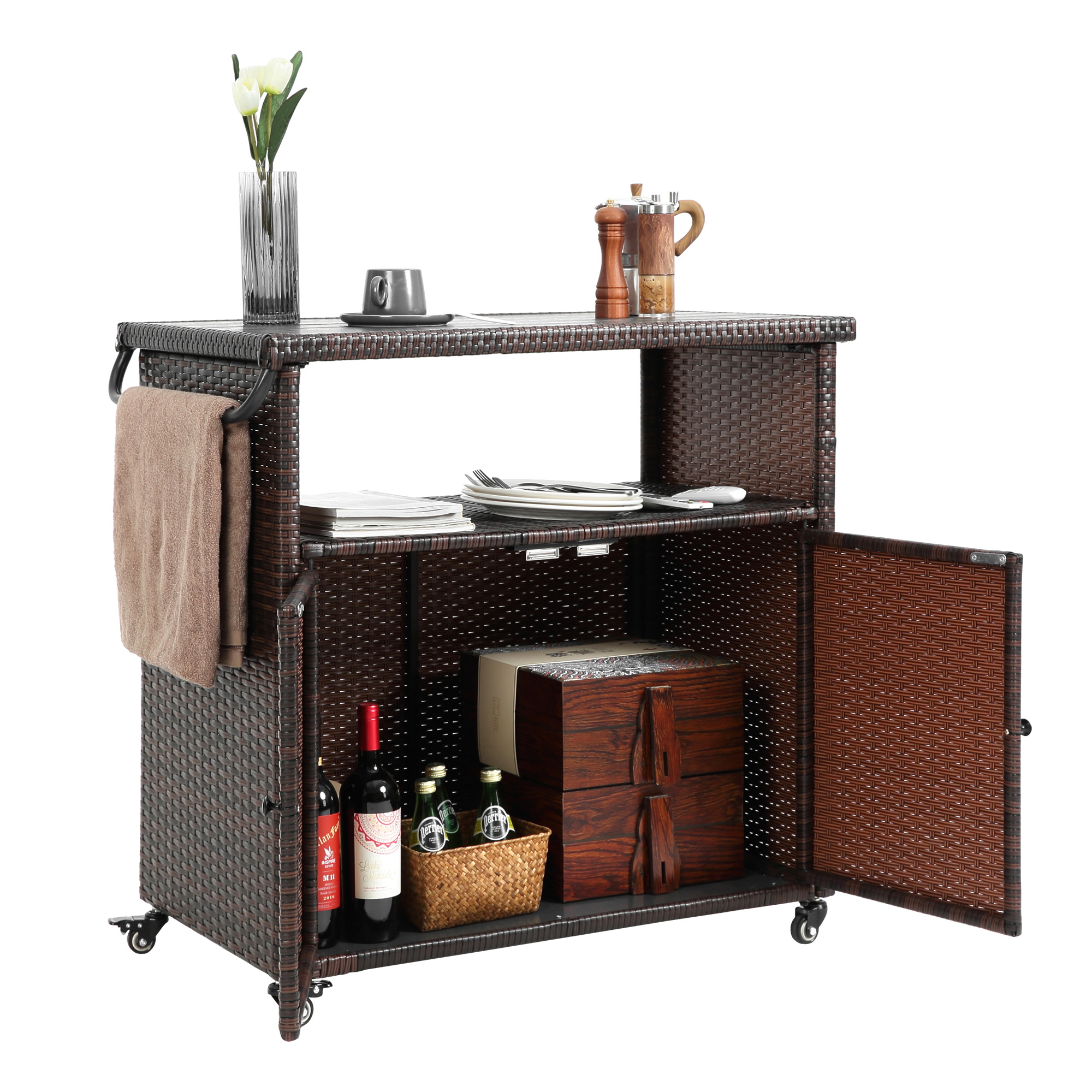 Back. APRILSOUL - Outdoor Wicker Bar Cart with Wheels Rolling Rattan Beverage Bar Counter Table with Glass Top Light brown - Black+Brown.