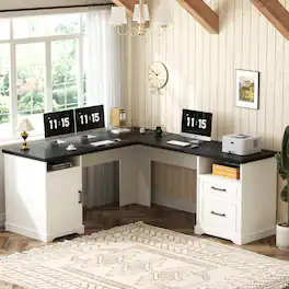 Aheaplus - L Shaped Desk with Charging Station, 60'' Computer Desk Workstation with File Cabinet and Drawers for Home & Office - White & Black